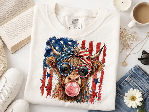4th of July Highland Cow Png, Fourth of July Png, USA Png, 4th of July Png, America Png, Highland Cow Png, Patriotic Png, USA Flag Png SVG DesignDestine 