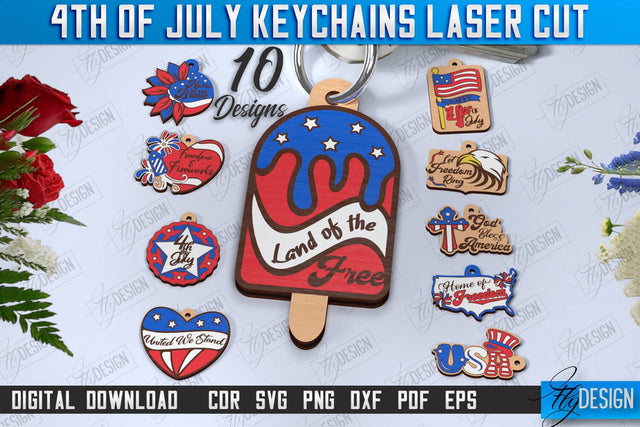 4th of July Keychain Laser Cut Bundle | Fourth of July Keyring | Independence Day | CNC Files SVG Fly Design 