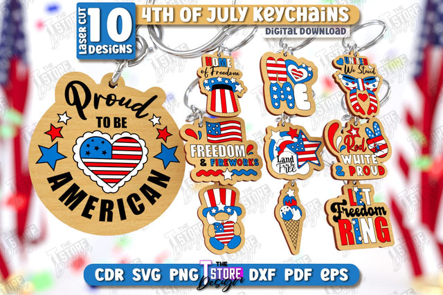 4th of July Keychain Laser Cut Bundle | Fourth of July Keyring | Independence Day | CNC Files SVG The T Store Design 