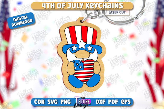 4th of July Keychain Laser Cut | Fourth of July Keyring | Independence Day | CNC File SVG The T Store Design 
