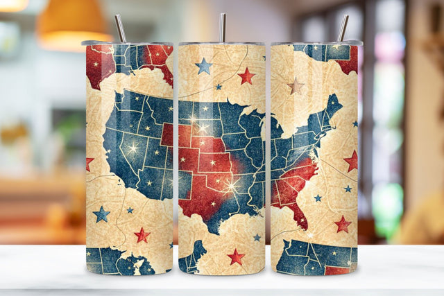 4th Of July Map Seamless Tumbler Wrap - 3D Vintage USA with Stars, 20oz Skinny Sublimation Design, American Flag Floral Art, Independence Day Tumbler Wrap, Fourth of July Floral Gift, USA Patriotic Flower Wrap Sublimation FloridPrintables 