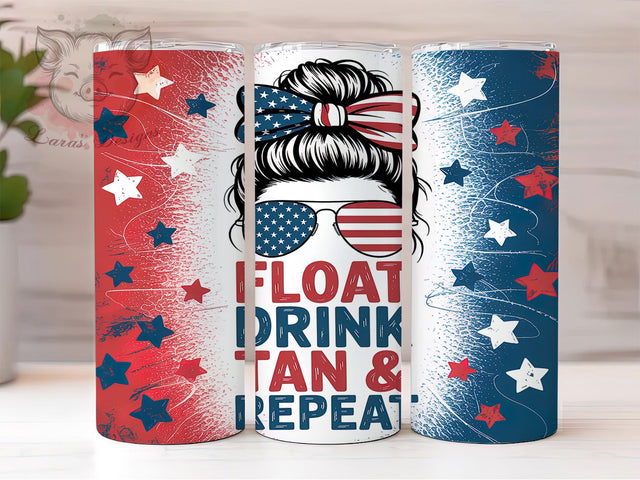 4th of July Messy Bun Patriotic USA Tumbler, Messy Bun Tumbler Wrap, Float Drink Tan Repeat, American Flag Tumbler, Patriotic Girl Sublimation, Summer Vibes Tumbler Sublimation Lara' s Designs 