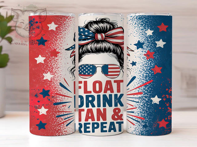 4th of July Messy Bun Patriotic USA Tumbler, Messy Bun Tumbler Wrap, Float Drink Tan Repeat, American Flag Tumbler, Patriotic Girl Sublimation, Summer Vibes Tumbler Sublimation Lara' s Designs 