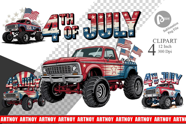 4th of July Monster Truck Clipart Sublimation artnoy 