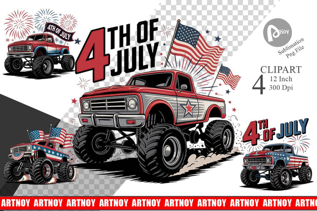 4th of July Monster Truck Clipart Sublimation artnoy 