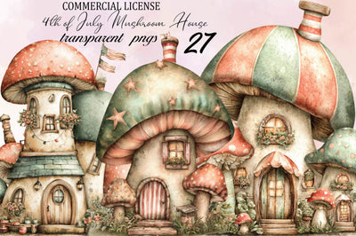 4th of July Mushroom House Clipart Bundle. Sublimation SVGArt 
