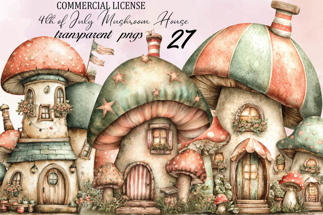 4th of July Mushroom House Clipart Bundle. Sublimation SVGArt 