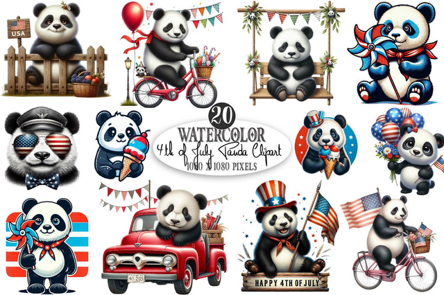 4th of July Panda Watercolor Clipart Sublimation SVGista 