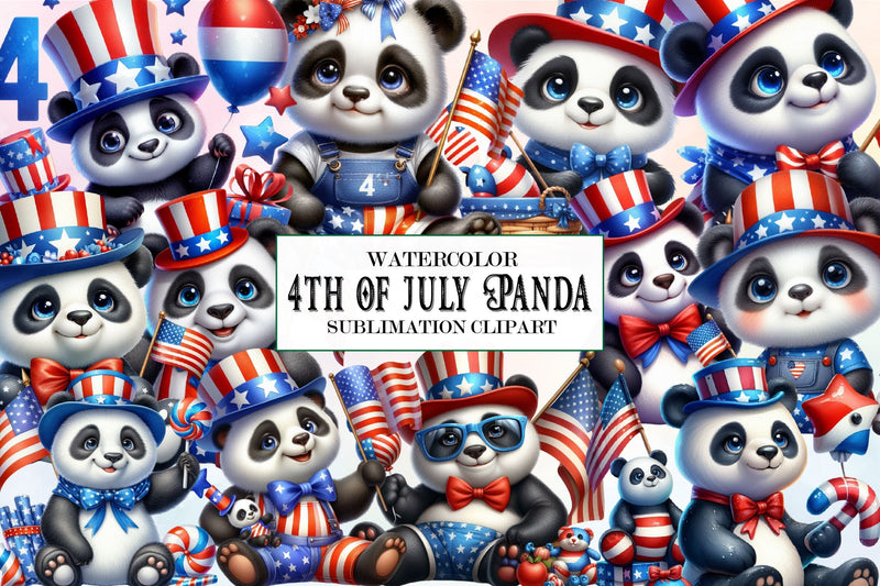 4th of July Panda Watercolour Clipart Sublimation SVGista 