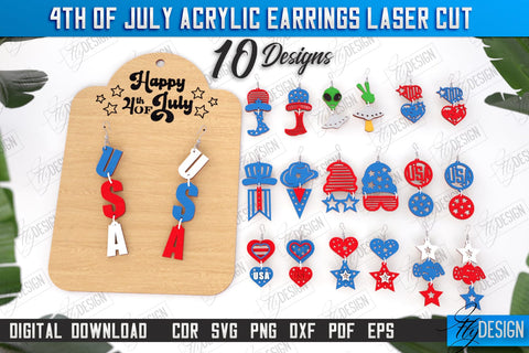 4th of July Patriotic Earrings Laser Cut Bundle | Pendant Earrings | Red White and Blue | CNC Files SVG Fly Design 
