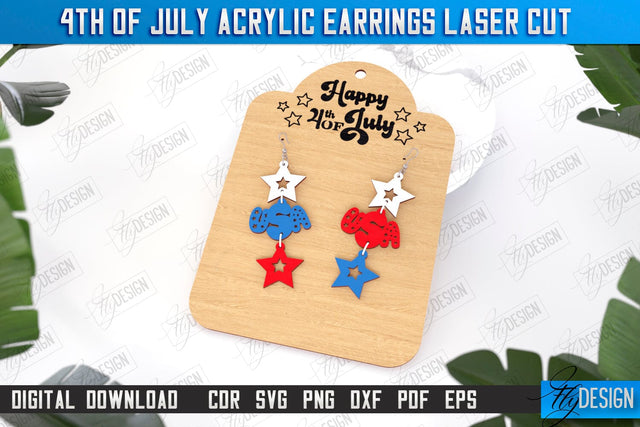 4th of July Patriotic Earrings Laser Cut | Pendant Earrings | Red White and Blue | CNC File SVG Fly Design 