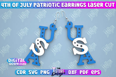 4th of July Patriotic Earrings | Pendant Earrings | Red White and Blue | CNC File SVG The T Store Design 