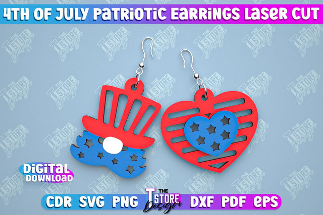 4th of July Patriotic Earrings | Pendant Earrings | Red White and Blue | CNC File SVG The T Store Design 