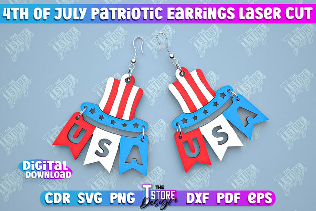 4th of July Patriotic Earrings | Pendant Earrings | Red White and Blue | CNC File SVG The T Store Design 
