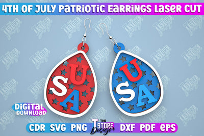 4th of July Patriotic Earrings | Pendant Earrings | Red White and Blue | CNC File SVG The T Store Design 