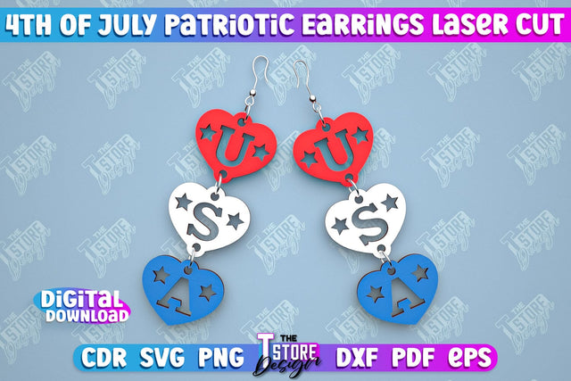 4th of July Patriotic Earrings | Pendant Earrings | Red White and Blue | CNC File SVG The T Store Design 