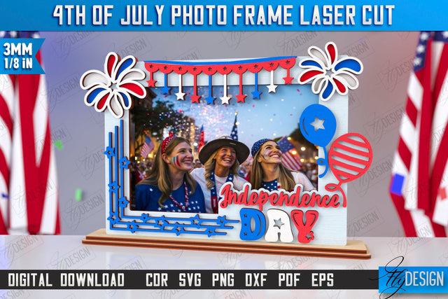 4th of July Photo Frame Laser Cut | Tabletop Photo Frame | Independence Day | CNC File SVG Fly Design 