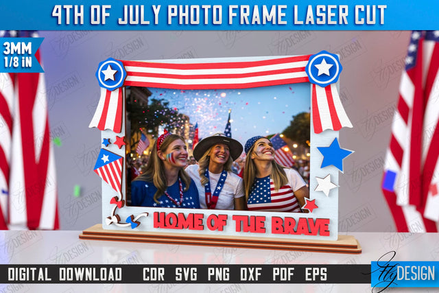 4th of July Photo Frame Laser Cut | Tabletop Photo Frame | Independence Day | CNC File SVG Fly Design 