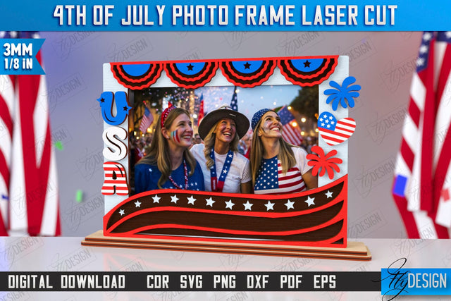 4th of July Photo Frame Laser Cut | Tabletop Photo Frame | Independence Day | CNC File SVG Fly Design 
