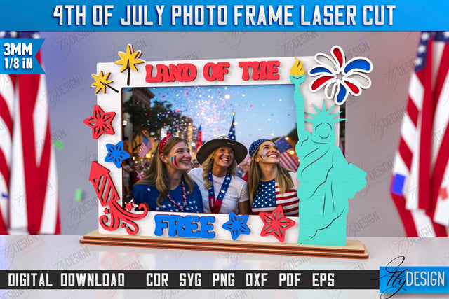 4th of July Photo Frame Laser Cut | Tabletop Photo Frame | Independence Day | CNC File SVG Fly Design 