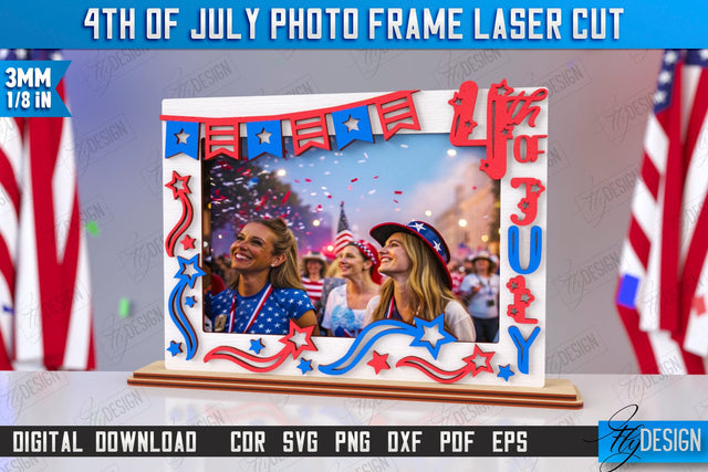 4th of July Photo Frame Laser Cut | Tabletop Photo Frame | Independence Day | CNC File SVG Fly Design 