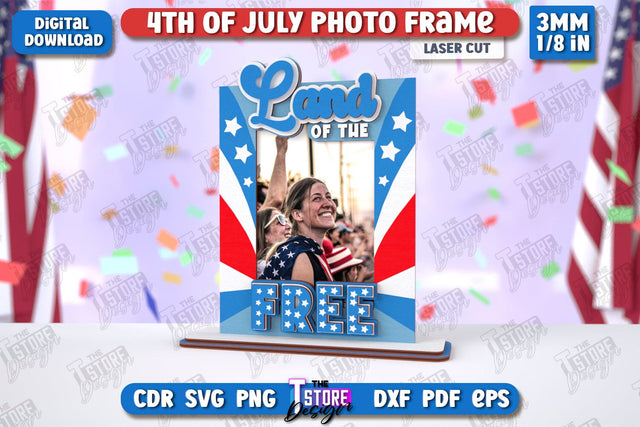 4th of July Photo Frame Laser Cut | Tabletop Photo Frame | Independence Day | CNC File SVG The T Store Design 