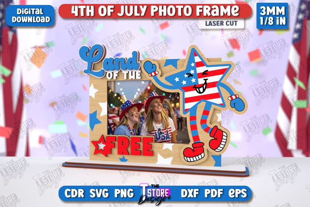 4th of July Photo Frame Laser Cut | Tabletop Photo Frame | Independence Day | CNC File SVG The T Store Design 
