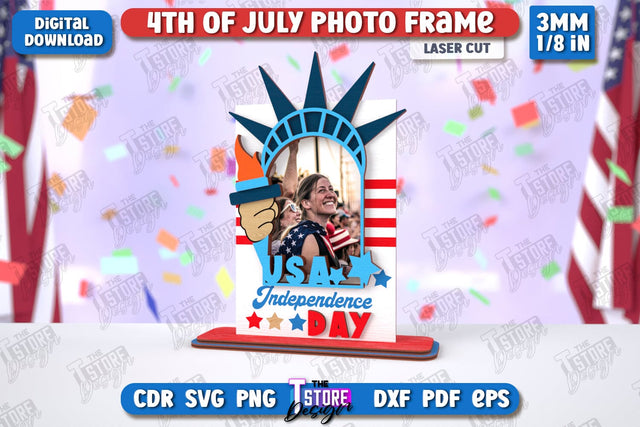 4th of July Photo Frame Laser Cut | Tabletop Photo Frame | Independence Day | CNC File SVG The T Store Design 