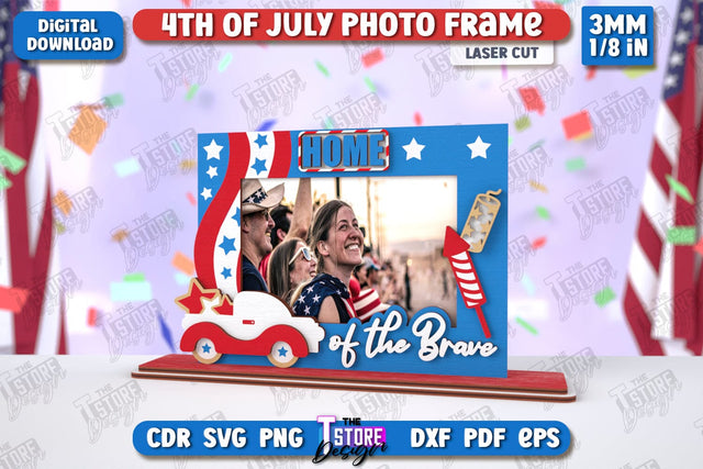 4th of July Photo Frame Laser Cut | Tabletop Photo Frame | Independence Day | CNC File SVG The T Store Design 