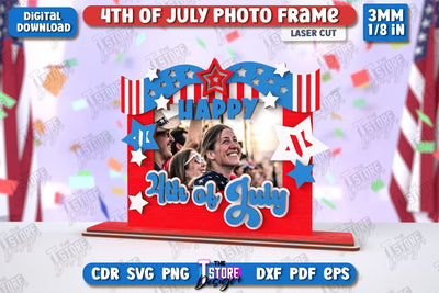 4th of July Photo Frame Laser Cut | Tabletop Photo Frame | Independence Day | CNC File SVG The T Store Design 