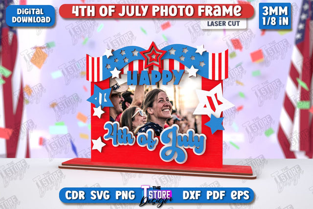 4th of July Photo Frame Laser Cut | Tabletop Photo Frame | Independence Day | CNC File SVG The T Store Design 