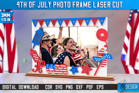 4th of July Photo Frame Laser Cut | Tabletop Photo Frame | Independence Day | CNC Files SVG Fly Design 