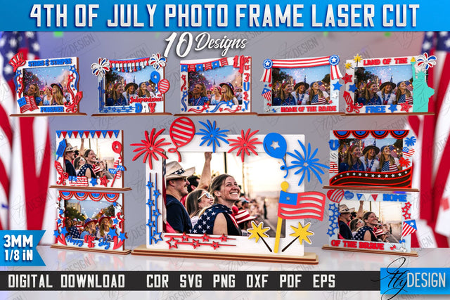 4th of July Photo Frame Laser Cut | Tabletop Photo Frame | Independence Day | CNC Files SVG Fly Design 