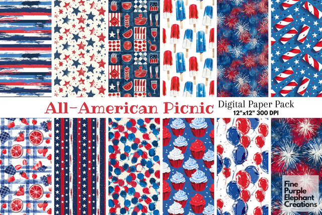 4th of July Picnic Digital Paper - All American Independence Digital Pattern Fine Purple Elephant Creations 