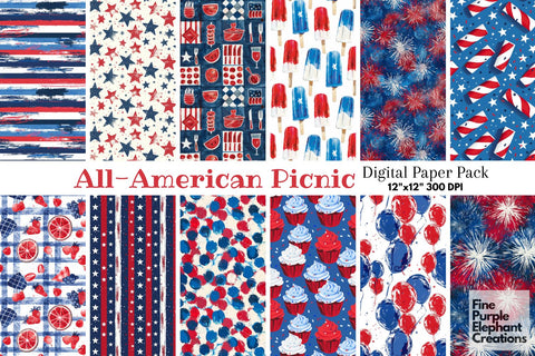 4th of July Picnic Digital Paper - All American Independence Digital Pattern Fine Purple Elephant Creations 