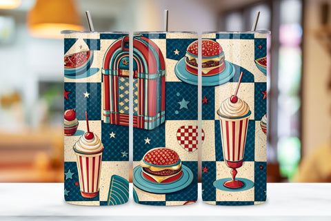 4th Of July Retro Diner Seamless Tumbler Wrap - 3D Patriotic Milkshake & Stars, 20oz Skinny Sublimation Design, American Flag Floral Art, Independence Day Tumbler Wrap, Fourth of July Floral Gift, USA Patriotic Flower Wrap Sublimation FloridPrintables 