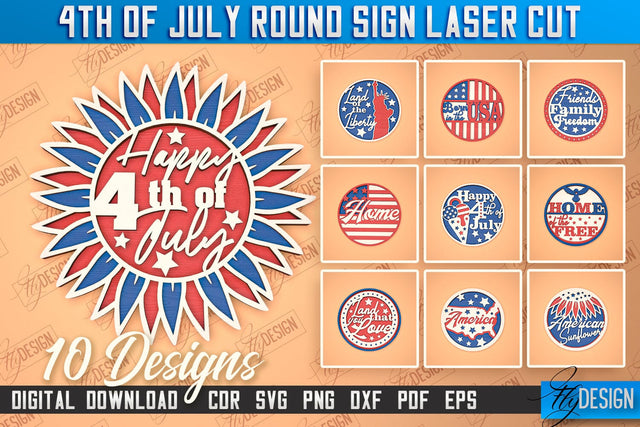 4th of July Round Sign Bundle | Patriotic Round Sign | Decorative Sign | Red White and Blue | CNC File SVG Fly Design 