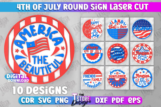 4th of July Round Sign Bundle | Patriotic Sign | Decorative Sign | Red White and Blue | CNC File SVG The T Store Design 