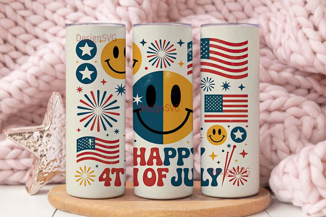 4th of July Smiley Tumbler Wrap Sublimation DesignSVG 