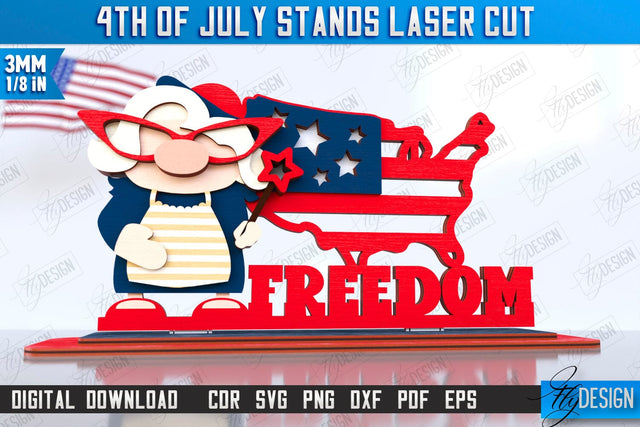 4th of July Stand Laser Cut | Patriotic Sign | Independence Day | Red White and Blue | CNC File SVG Fly Design 