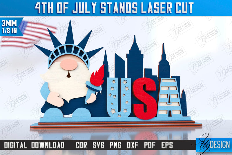 4th of July Stand Laser Cut | Patriotic Sign | Independence Day | Red White and Blue | CNC File SVG Fly Design 