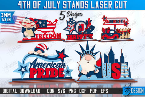 4th of July Stands Laser Cut Bundle | Patriotic Sign | Independence Day | Red White and Blue | CNC Files SVG Fly Design 