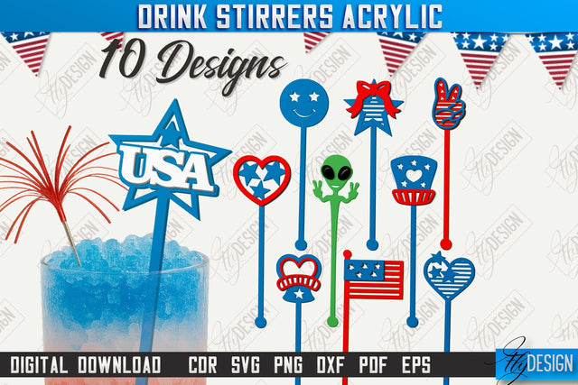 4th of July Sticks Stirring Drink Laser Cut Bundle | Cocktail Stirrers | Drinks Markers | CNC Files SVG Fly Design 