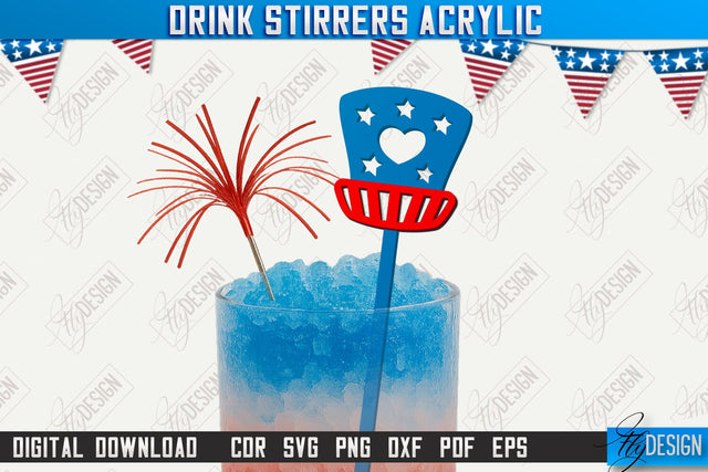 4th of July Sticks Stirring Drink Laser Cut | Cocktail Stirrers | Drinks Markers | CNC File SVG Fly Design 
