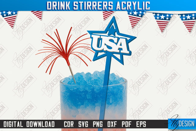 4th of July Sticks Stirring Drink Laser Cut | Cocktail Stirrers | Drinks Markers | CNC File SVG Fly Design 