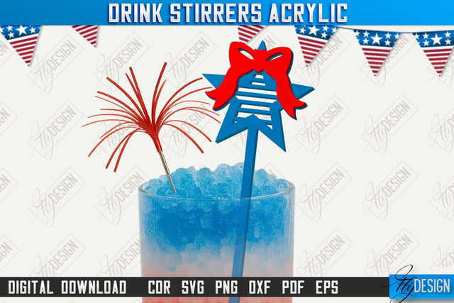 4th of July Sticks Stirring Drink Laser Cut | Cocktail Stirrers | Drinks Markers | CNC File SVG Fly Design 