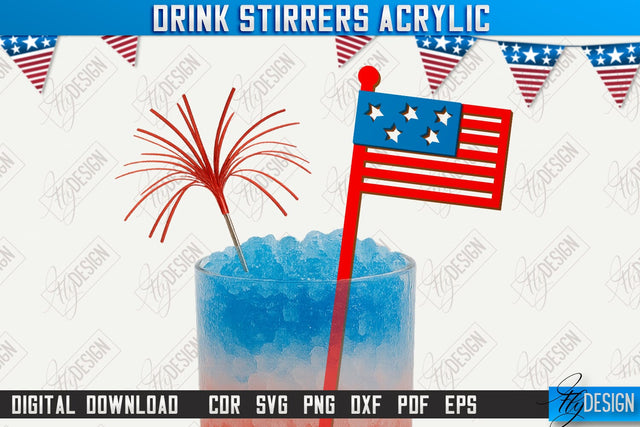 4th of July Sticks Stirring Drink Laser Cut | Cocktail Stirrers | Drinks Markers | CNC File SVG Fly Design 