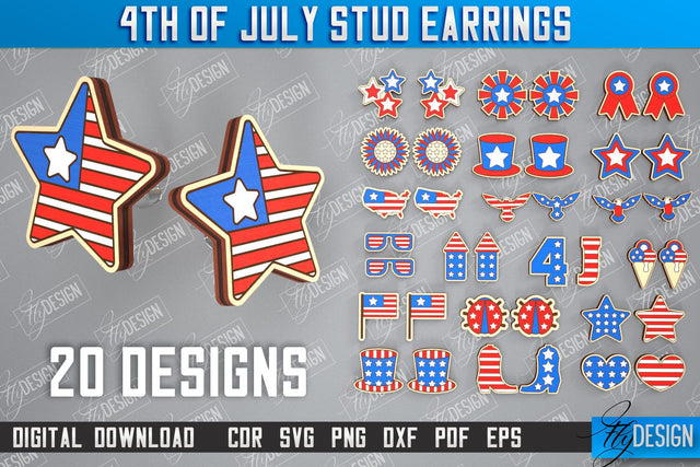 4th of July Stud Earrings Bundle | Patriotic Earrings | Red White and Blue | CNC File SVG Fly Design 
