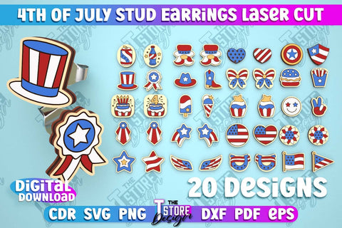 4th of July Stud Earrings Bundle | Patriotic Earrings | Red White and Blue | CNC File SVG The T Store Design 