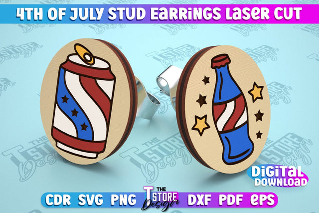 4th of July Stud Earrings | Patriotic Earrings | Red White and Blue | CNC File SVG The T Store Design 